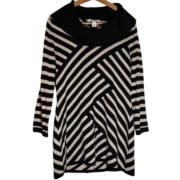 WHBM Women’s sweater tunic length black/cream/gold sparkle stripe. Size L. - Picture 1 of 7